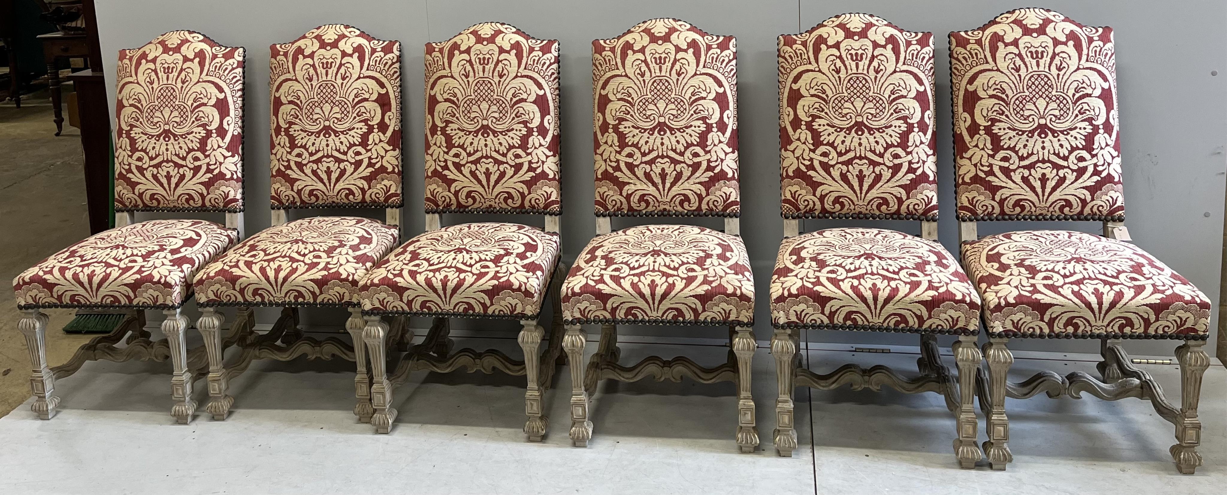 A set of six Louis XIII style dining chairs, width 52cm, depth 50cm, height 106cm. Condition - fair
